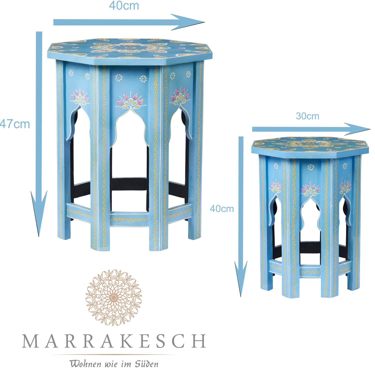 Table D'Appoint Marocaine En Bois Boufa – 47 Cm Haut, 40 Cm Diamètre, Bleu Multicolore, Faite Main | Décoration Orientale Salon