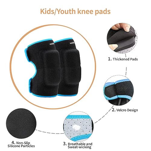 Miniatura 5 de YEEKORO Juego de rodilleras y coderas para niños, rodilleras ajustables para jóvenes, juegos de protección con almohadillas gruesas SBR para montar,