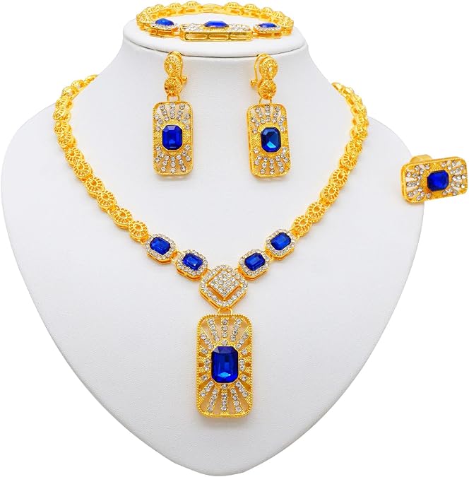 Luxury Gold-Plated Crystal Jewelry Set with Blue Gemstones, Necklace 16.73, Bracelet 7.87, Earrings and Ring, 4 Piece Set
