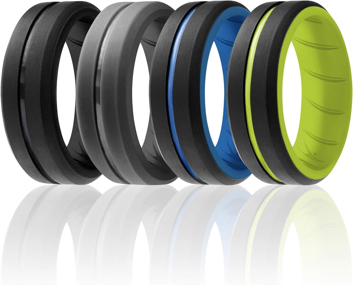 ROQ Silicone Rubber Wedding Ring for Men, Men's Wedding Band, Breathable Rubber Engagement Band, 2 Thin & Middle Lines, Beveled Edge & Engraved Duo, Multi Colors