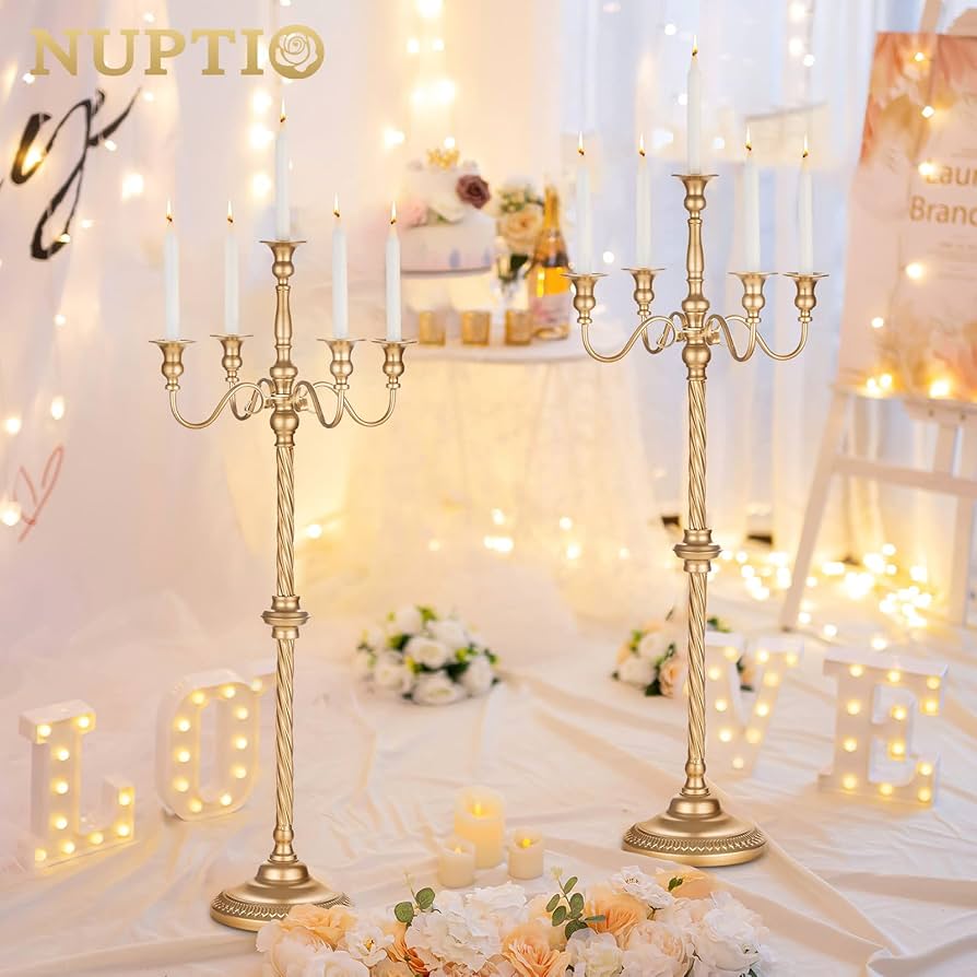 Yellow gold candelabra ostrich feather centerpiece - RentalCenterpiece, image size:894x894