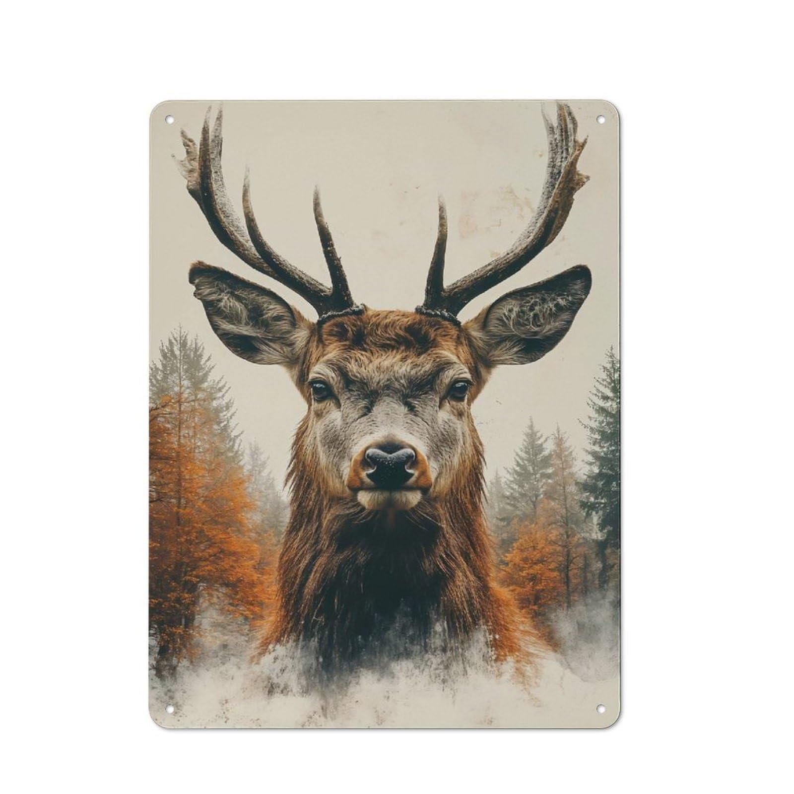 Classic Vintage Metal Sign 40x30cm Featuring Majestic Deer Portrait in Autumn Forest, Home Bar Decor for Cafe, Pub, Workshop Or Home Bar