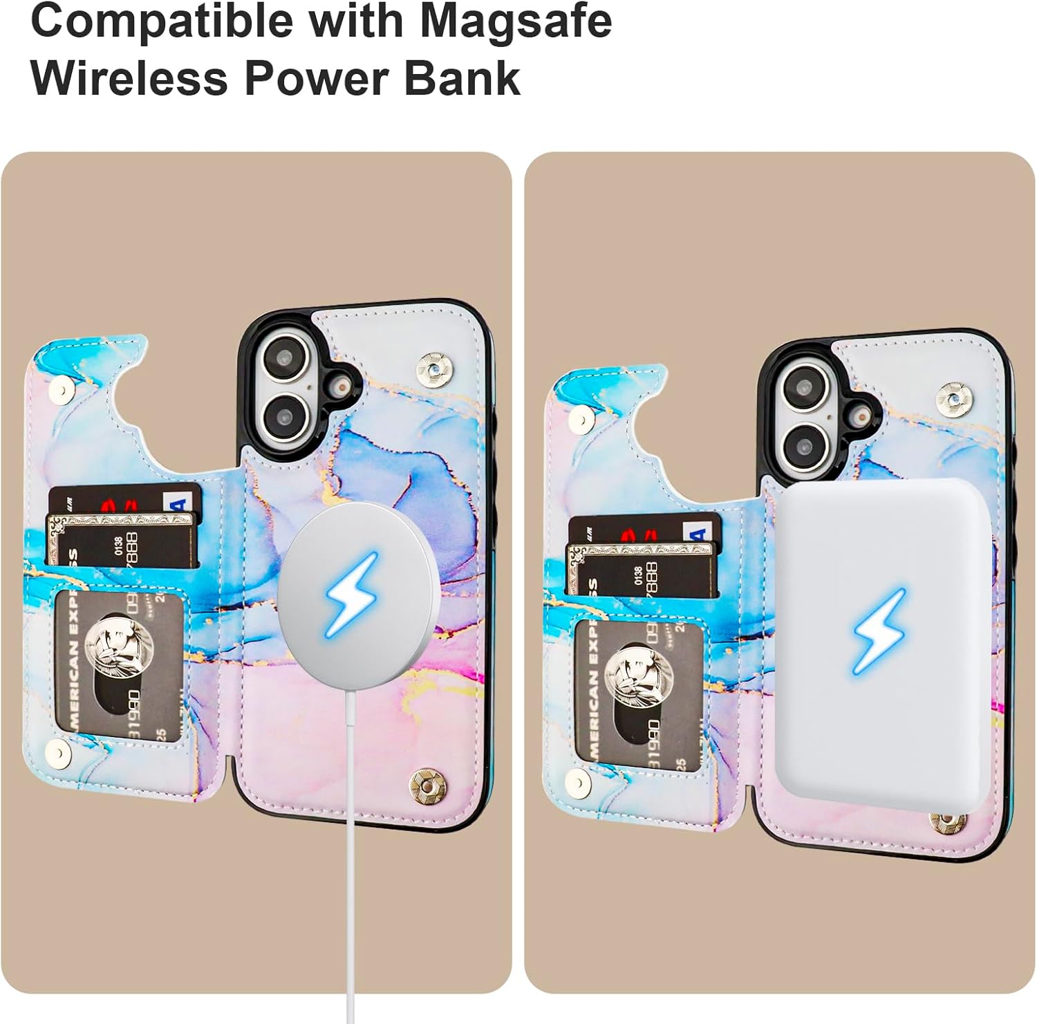 HAOPINSH for iPhone 16 Case Wallet Compatible with MagSafe Wireless Charging, Pink Blue Marble Pattern Back Flip Folio PU Leather Kickstand Card Slots Case Double Magnetic Clasp Cover 6.1"