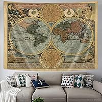 Vista 2 de Tapiz vintage de mapa del mundo, antiguo mapa náutico antiguo del mundo, arte de pared, geografía histórica del Atlas, tapiz retro pirata