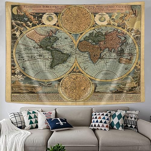Miniatura 2 de Tapiz vintage de mapa del mundo, antiguo mapa náutico antiguo del mundo, arte de pared, geografía histórica del Atlas, tapiz retro pirata para