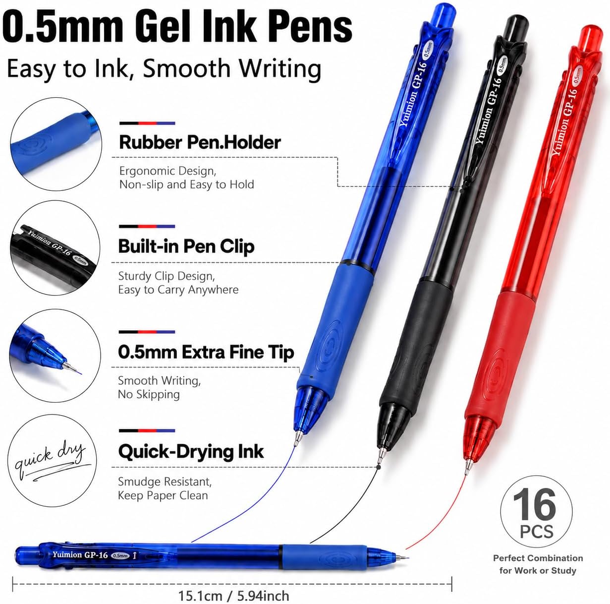 16 Pcs Retractable Gel Pens Fine Point (0.5mm) Rollerball Pens for Smooth Writing (Black&Red&Blue Ink) for Women Men Journaling School and Office Supplies Use… thumbnail