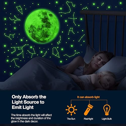 Miniatura 5 de Estrellas que brillan en la oscuridad para techo, 100 estrellas de techo brillantes y realistas y una luna llena para cielo estrellado, 12