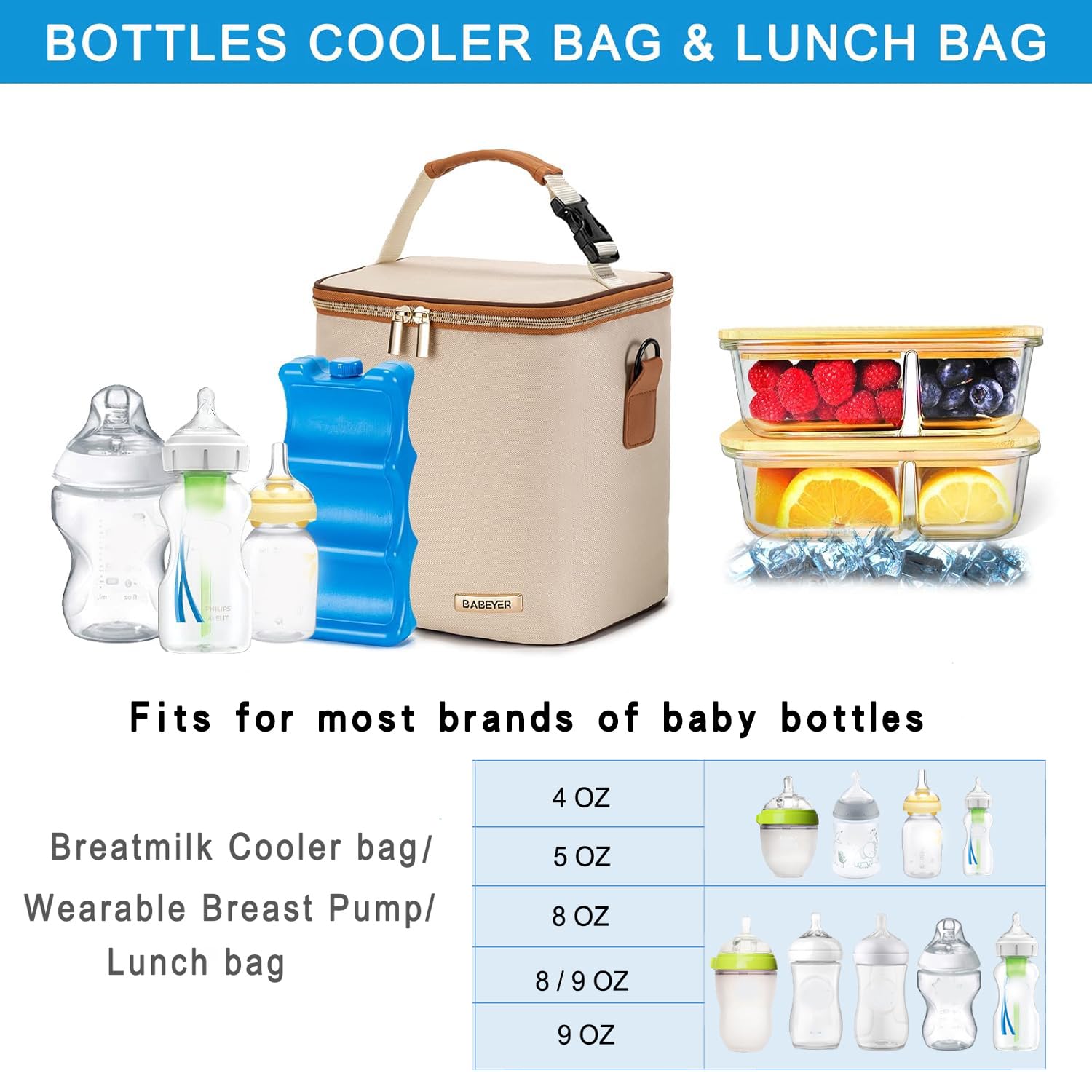 Breastmilk Cooler Bag with Ice Pack Fits 6 Baby Bottles Up to 9 Ounce, Baby Bottle Bag with Shoulder Strap for Nursing Mom Daycare, Cream - Image 3