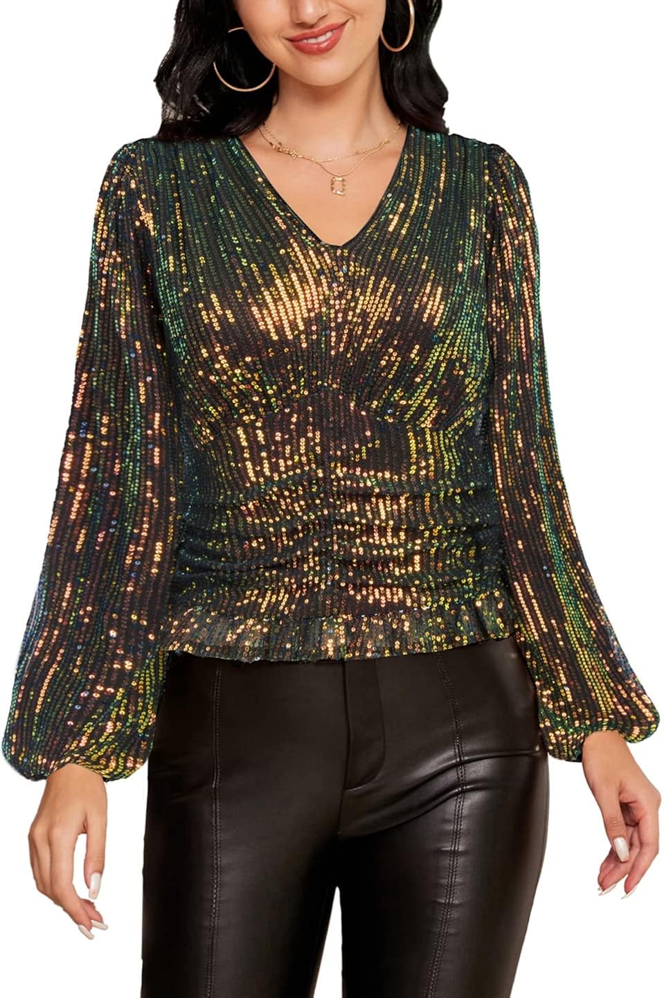 LIUMILAC Women Sequin Top Sexy V Neck Long Sleeve Glitter Peplum Blouse  Clubwear : Amazon.ca: Clothing, Shoes u0026 Accessories