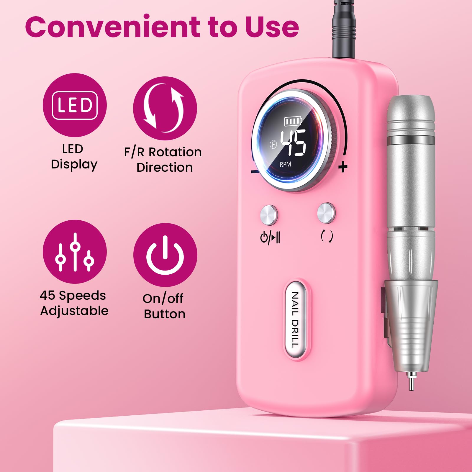 PKBD 45000RPM Professional Portable Nail Drill Machine for Gel Nails, Rechargeable Electric Nail Files Set with 11 bits and LCD Display, Pink