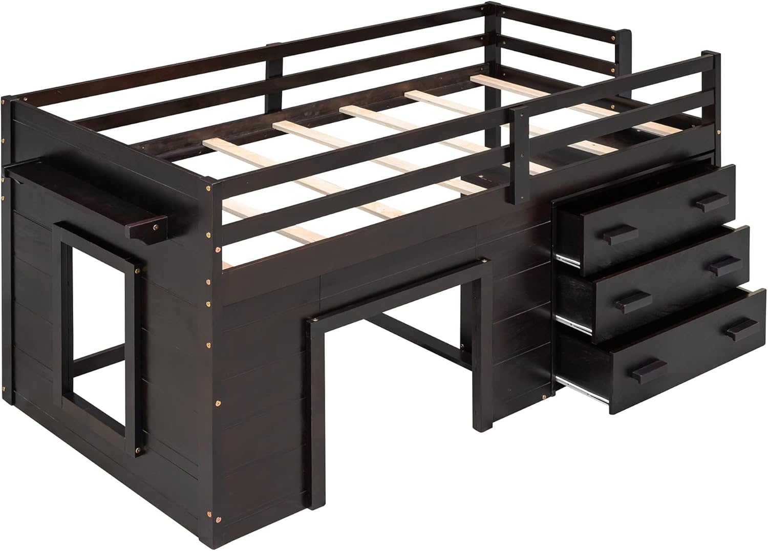 Bellemave Low Loft Beds with 3 Drawers Twin Loft Bed Frame with Cabinet and Bedside Tray Wood Farmhouse Loft Bed for Kids Girls Boys Teens, Espresso