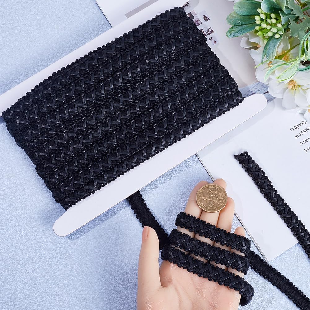 GORGECRAFT 10 Yards Faux Leather Braid Trims 13mm Wide Black Flat Braided Upholstery Strap Trim Lace Ribbon Gimp Cord Woven Edge Trimmings Webbing for Home Decor Garment Accessories DIY Sewing Crafts