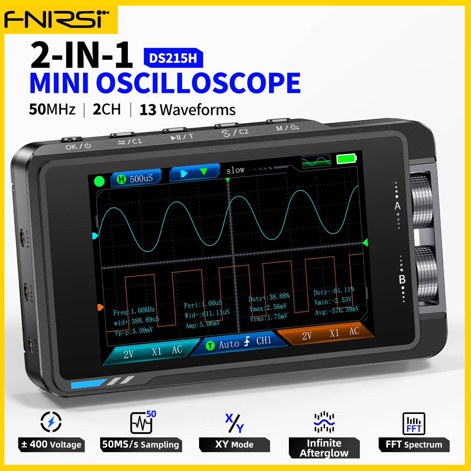 FNIRSI DS215H displaying a waveform with key features highlighted