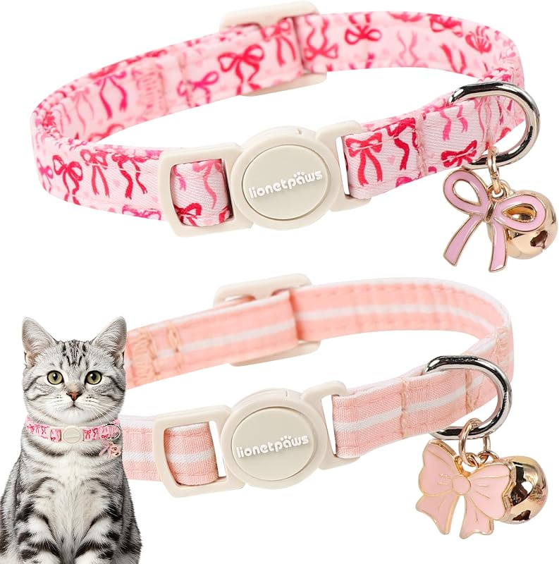 Coleira para Gatos com Fecho de Segurança, Algodão Macio e Estampas Rosa com Laço e Listras Lionet Paws, Pacote com 2