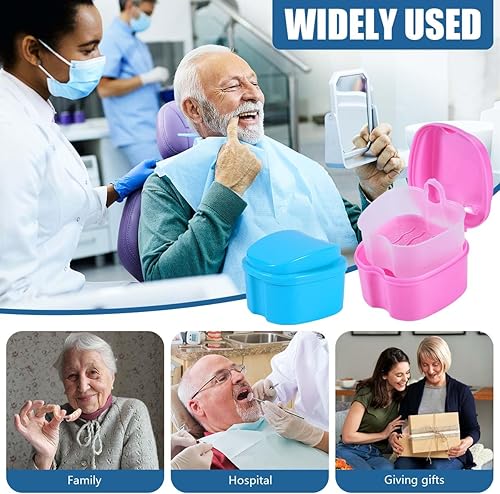 Miniatura 95 de Paquete de 2 cajas de baño para dentaduras postizas, contenedor de almacenamiento con cesta coladora para limpieza de viajes (azul claro y azul)