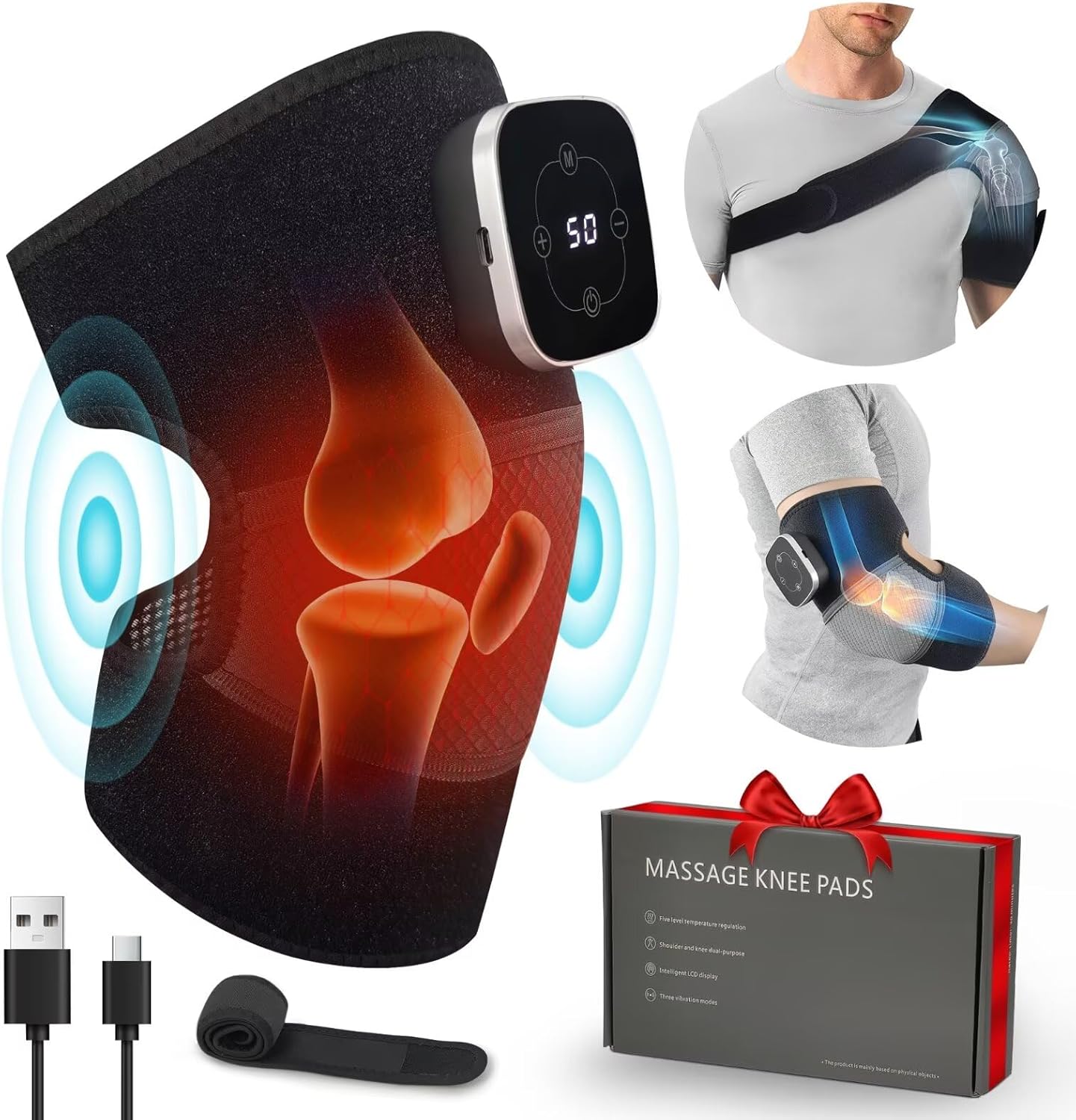Heating Knee Massager, Knee Shoulder Elbow 3-in-1 Heating Vibration Massager, Wireless Rechargeable Design, Heated Device with Vibration Massage for Knee/Elbow/Shoulder Pain Relief, Black