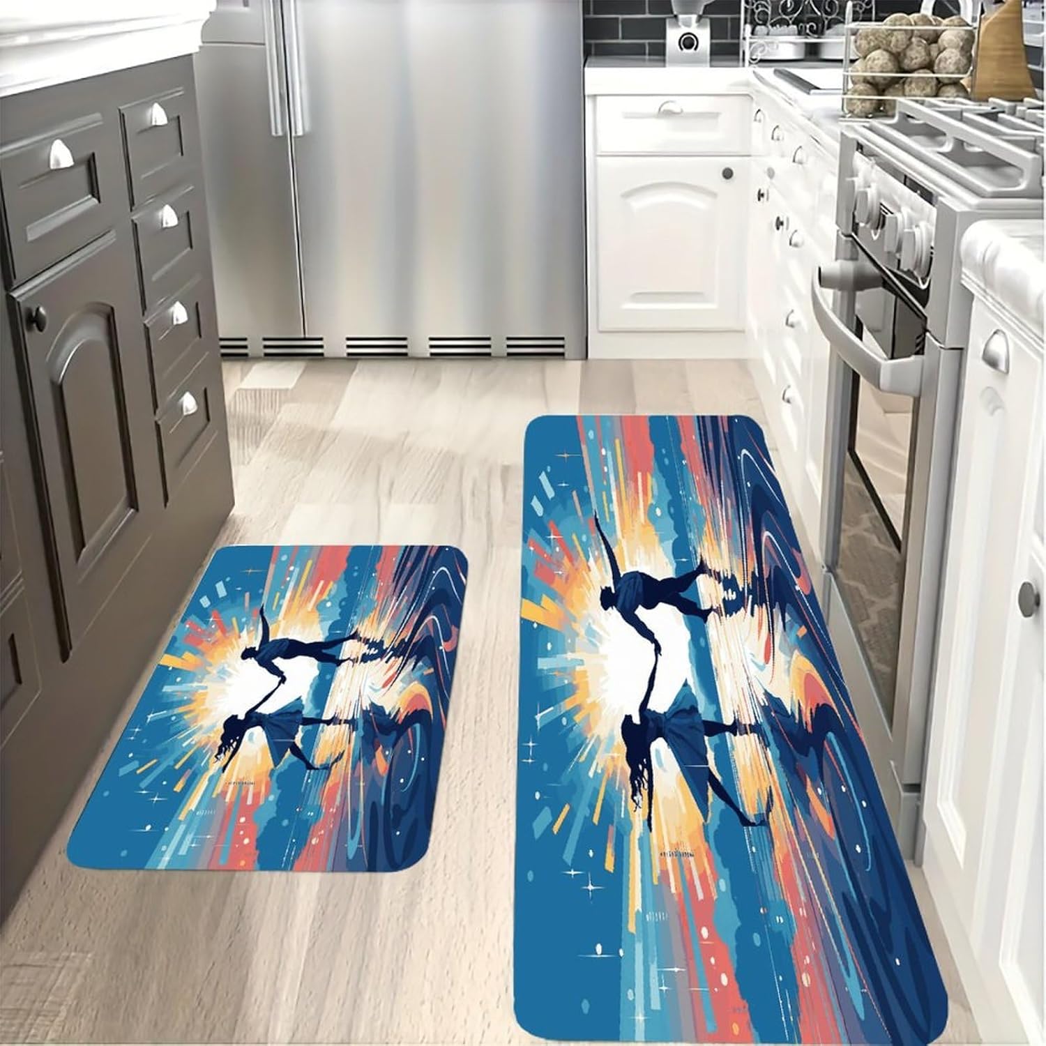 Dancing on Water Kitchen Mats with 2PCS Non-Slip Washable,Kitchen Rug Heavy Duty Durable, Floor Mats for Kitchen,Office,Sink,Laundry