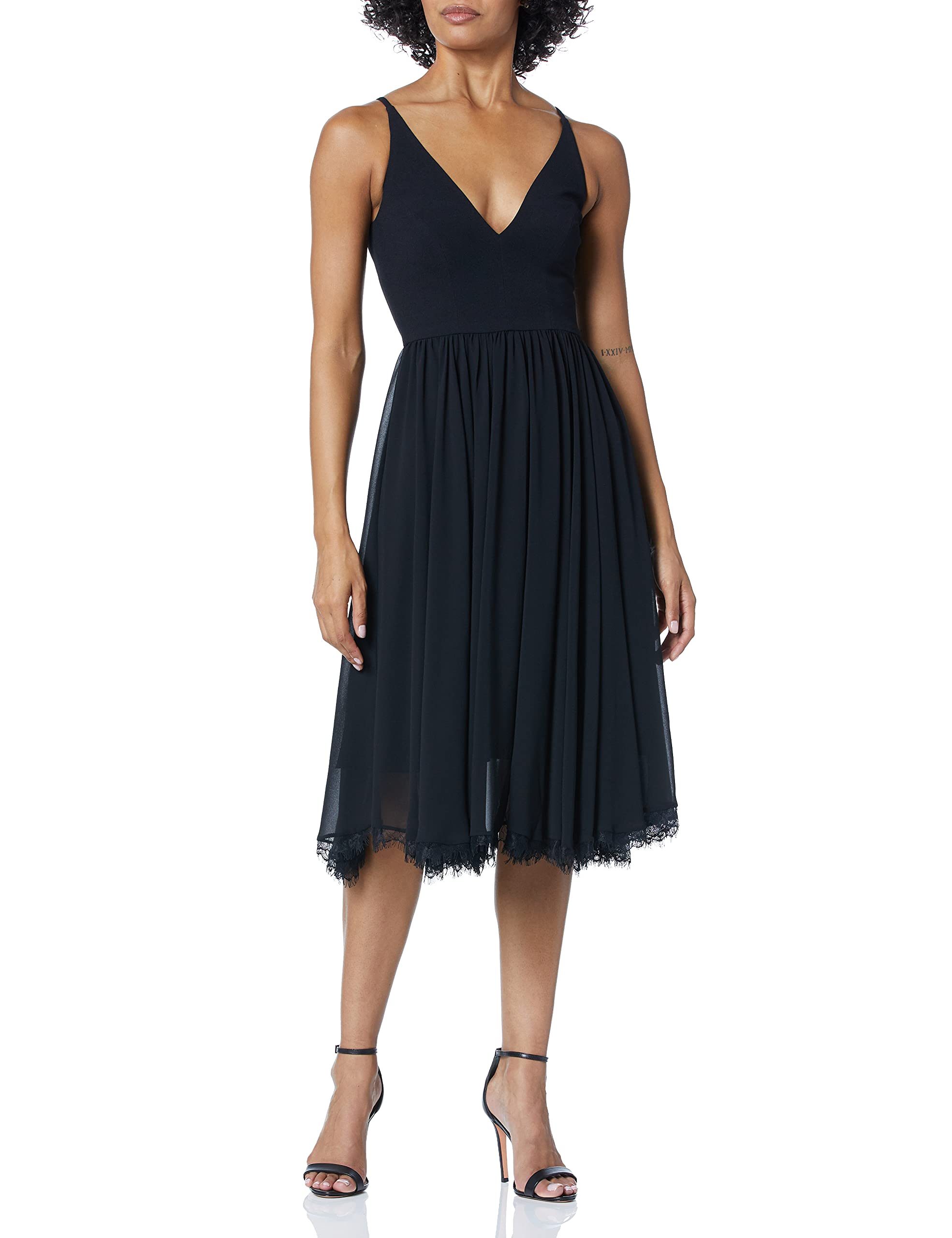 Dress the Population Women's Alicia Plunging Mix Media Sleeveless Fit and Flare Midi Dress