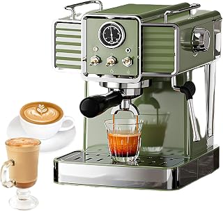 STDZQCWY Cafetera Espresso Retro con espumador de Leche, depósito de Agua de 1,5 litros y Bandeja de Goteo, 15 Bares de presión, cafetera Profesional para Capuchino y Latte