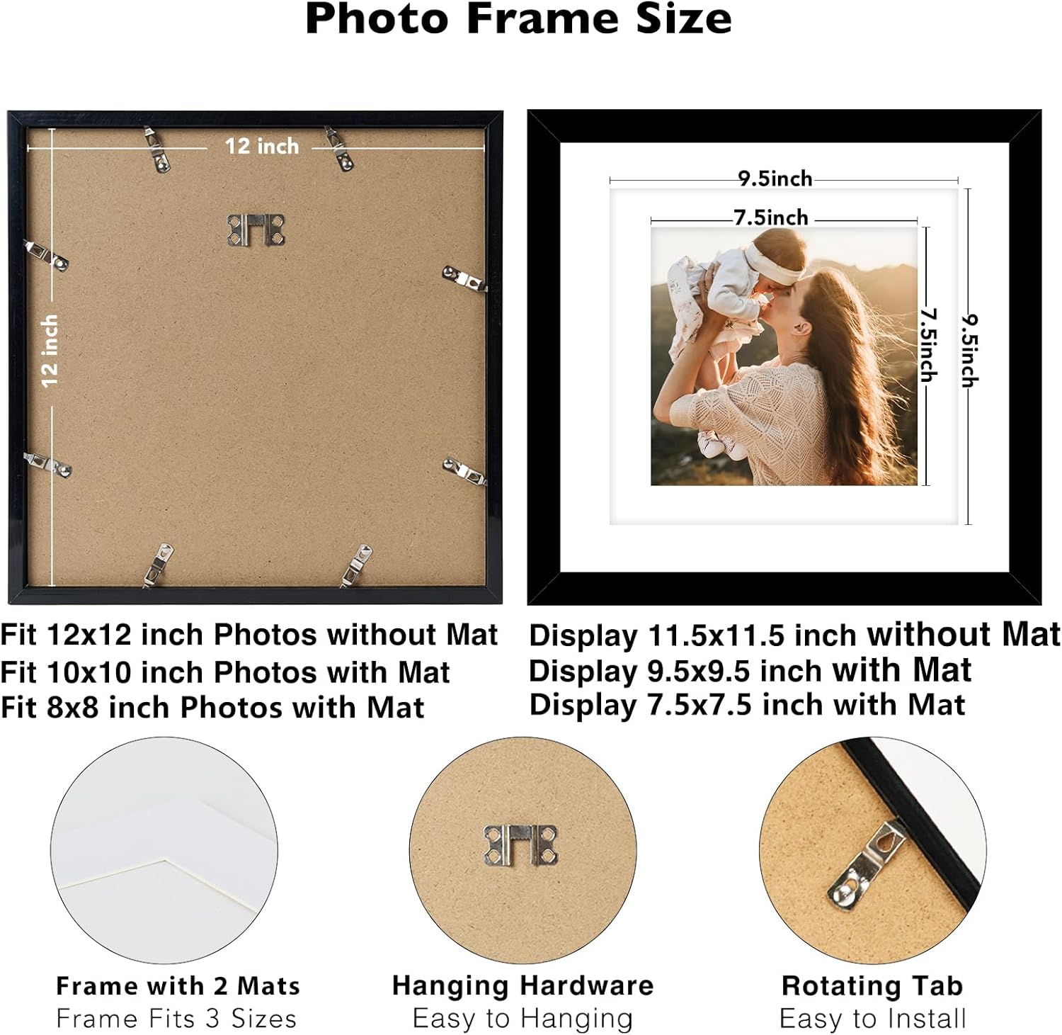 JCJMY 9 Pack 12x12 Picture Frame Gallery Wall Frame Set for 8x8 or 10x10 with 2 Mats or 12x12 Without Mat, Square Collage Wall Decor Photo Frames Bulk Set of 9 for Wall Hanging, Black