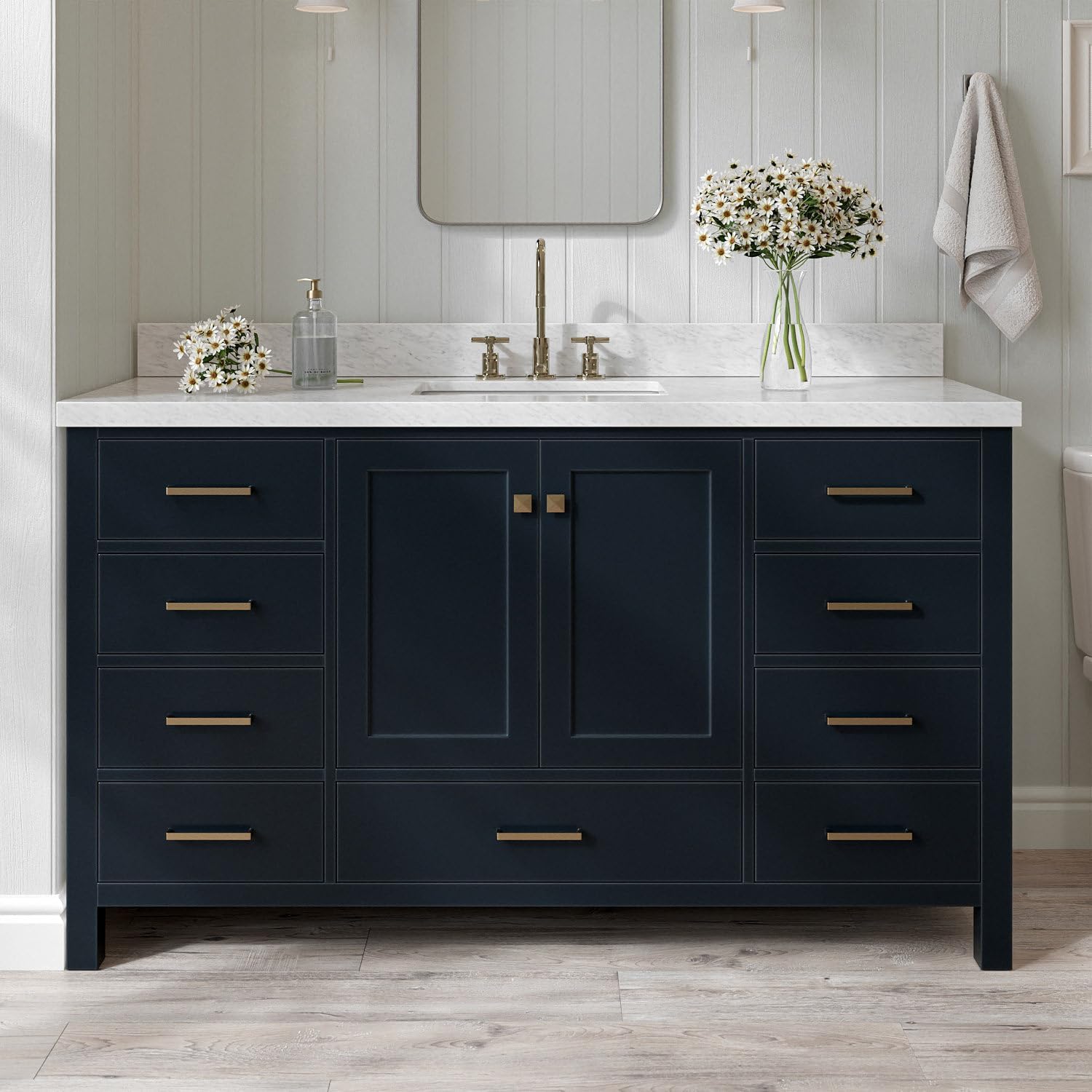 ARIEL Cambridge 60-inch Bathroom Vanity with Sink,Solid Wood, 1.5-inch Italian Carrara Marble Countertop, Single Rectangular Porcelain Sink, 2 Soft Closing Doors, 9 Dovetail Drawers, Midnight Blue