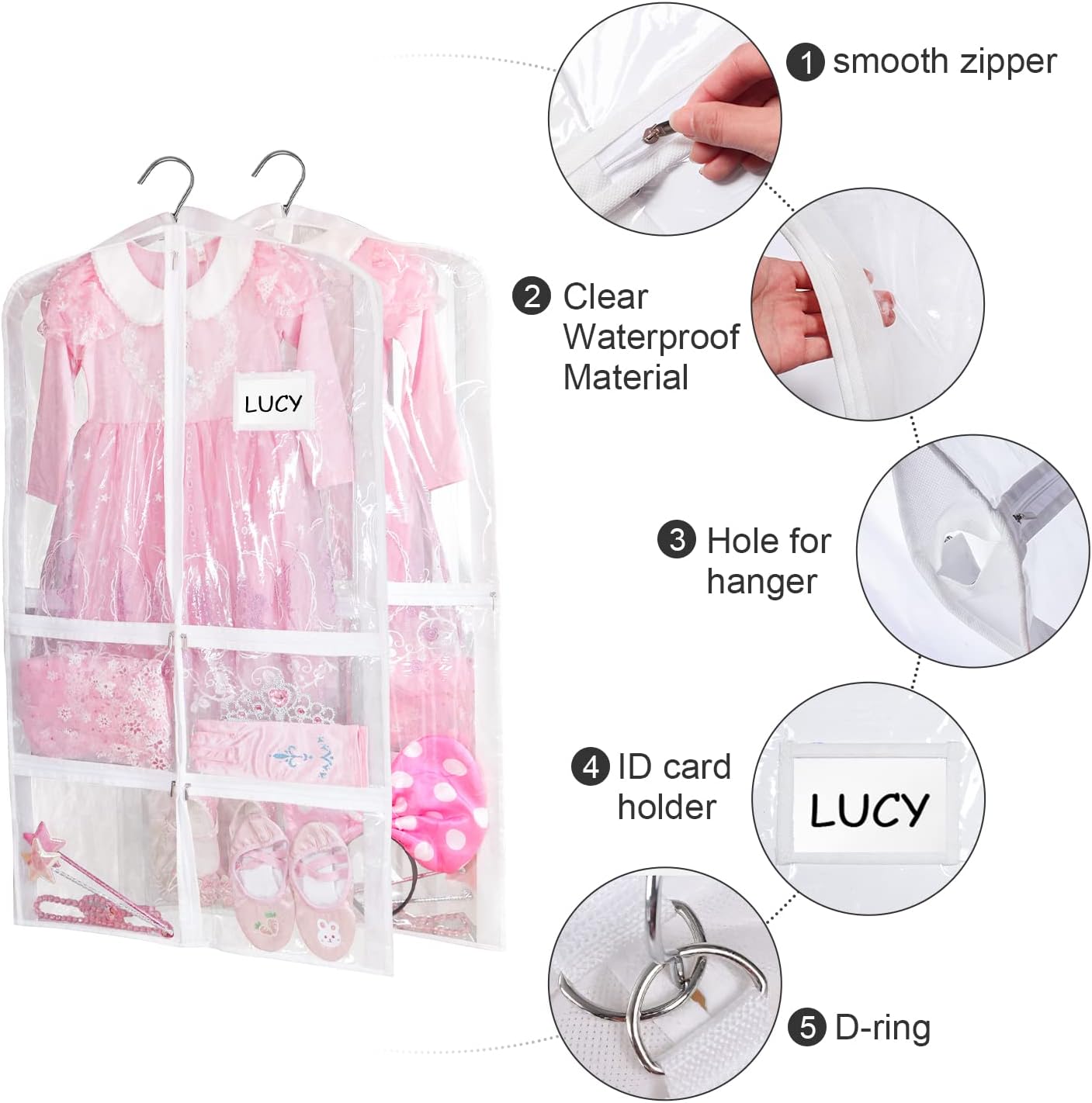 Kernorv PVC Dance Garment Bags, 40" Clear Garment Bags for Hanging Clothes, Breathable Costume Garment Bag for Dancers Competitions with 5 Clear Zipper Pockets for Dance Costumes,Kids,Storage(3 Pack)