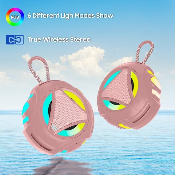 مكبر صوت دش بلوتوث مقاوم للماء،مكبر صوت بلوتوث خارجي محمول مع أضواء Rgb،ipx67 عائم،ميكروفون مدمج،وقت تشغيل 24 ساعة،ستيريو لاسلكي حقيقي،هدايا للمراهقين الأولاد والبنات والنساء والرجال - وردي