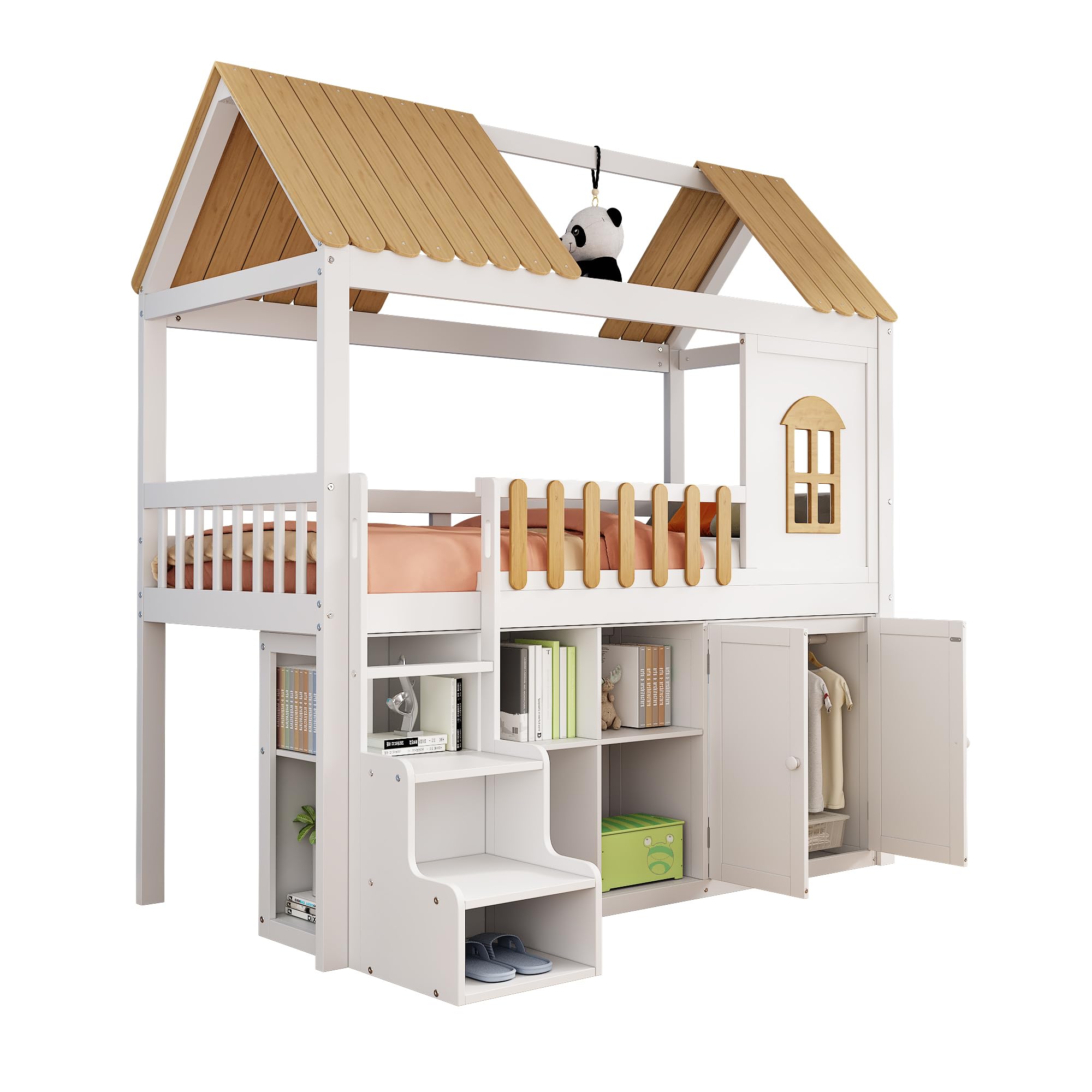 Cama alta de 90 x 200 cm, cuna con armario, cama de madera con ventana y zapatero, cama para niños y adolescentes (sin colchón) blanco+pino natural