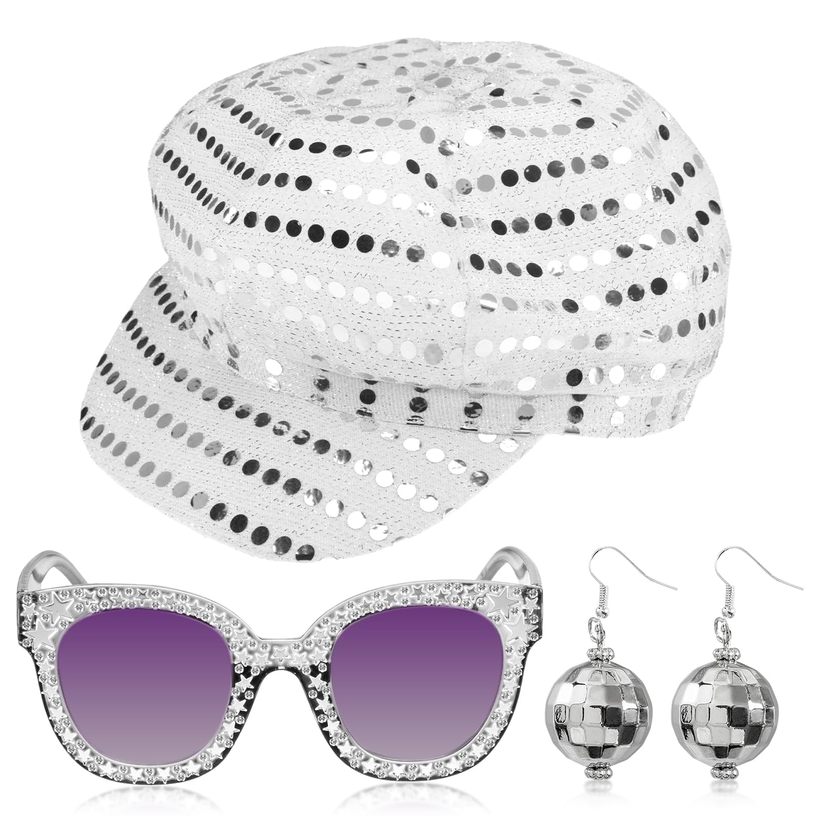 CIGTSICO 3 Piece 70s Abba Disco Accessories Set including Sparkling Hat, Earrings, Glasses for Girls Theme Party Gathering Silver