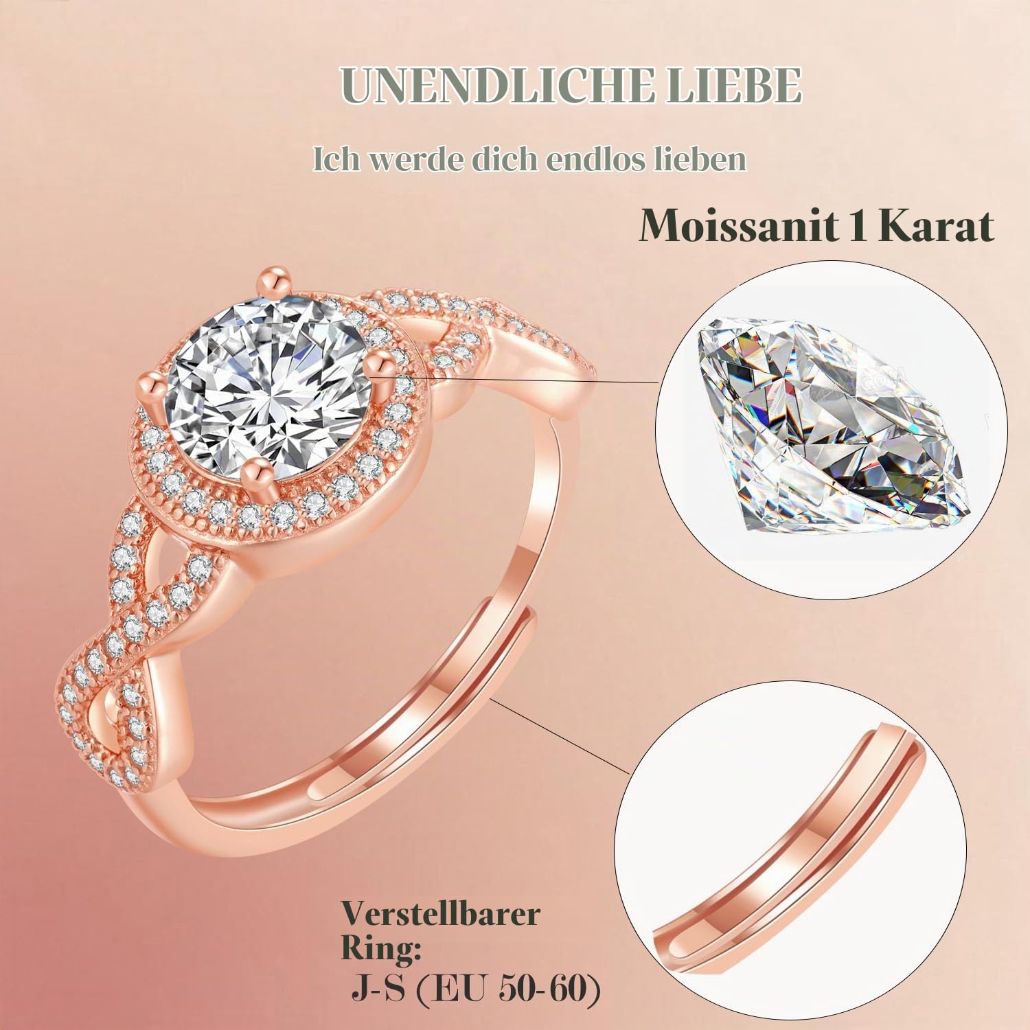 Verlobungsring damen mit diamond 1 Karat & Unendlichkeit in mehreren Farben