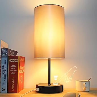 LTBLIGHT 15.75 Touch Control Table Lamp Dimmable with Outlet Grey Shade | Includes 800lm E26 LED bulb,compact nightstand design,for bedroom living room office desk,6ft cord