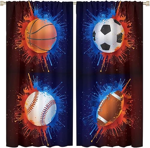 Vista 25 de Boys Sports Curtains Basketball Football Baseball Flame Pattern Printed Curtains Kids and Teenagers' Bedroom Living Room Blackout Curtains W42 * L54