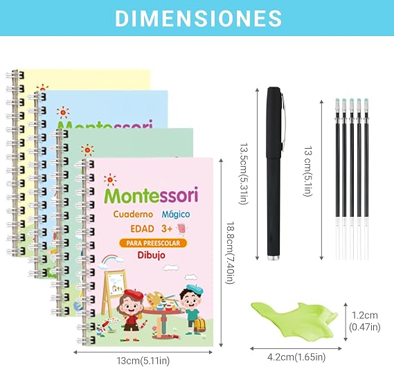 Writing Practice Books for Kids Ages 3-5 (4 Books) - Reusable Magic Notebooks with Slots and Pens - Nursery Kit with Alphabet, Math, Numbers and Drawing