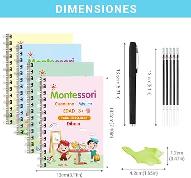 Writing Practice Books for Kids Ages 3-5 (4 Books) - Reusable Magic Notebooks with Slots and Pens - Nursery Kit with Alphabet, Math, Numbers and Drawing