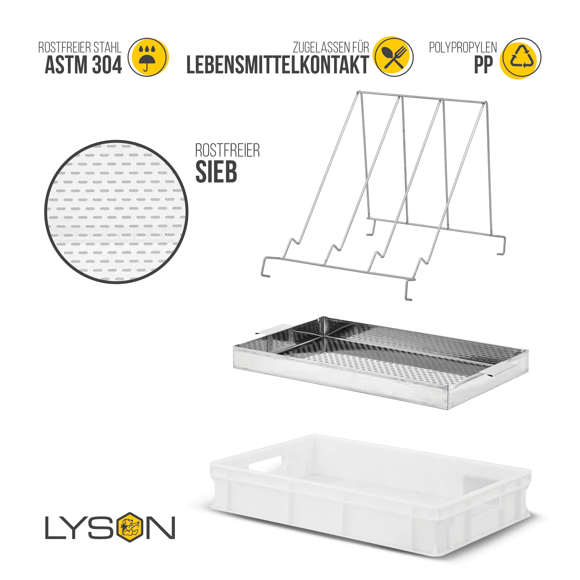 LYSON Entdeckelungsgeschirr Entdeckelungswanne aus Kunststoff mit Edelstahlsieb und Universalrahmenständer aus Edelstahl Imkereibedarf Imkerausstattung 10 cm hoch