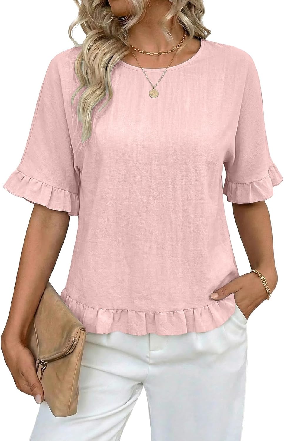 EVALESS Womens T Shirts Cute Ruffle Short Sleeve Crewneck Casual Linen Tops 2026 Summer Fashion Clothes