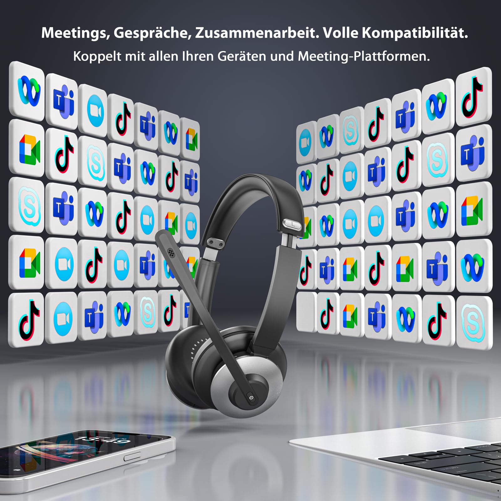 Bluetooth Headset mit Mikrofon, Kabelloses Office Headset mit ENC Mikrofon
