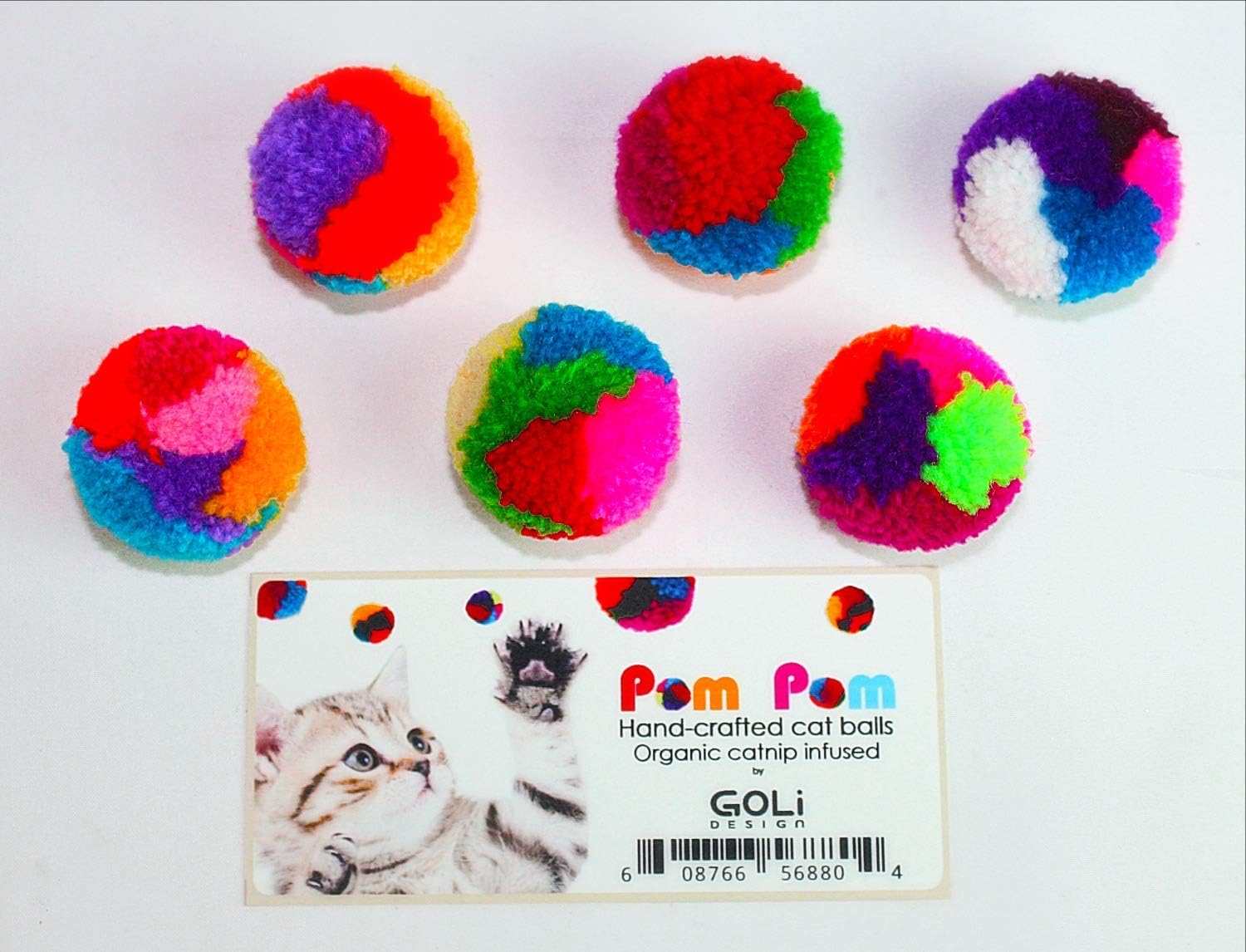 Goli Design Pom Pom Balls - 6 Pack, 1.25" Diameter Yarn Balls Infused with Organic Catnip