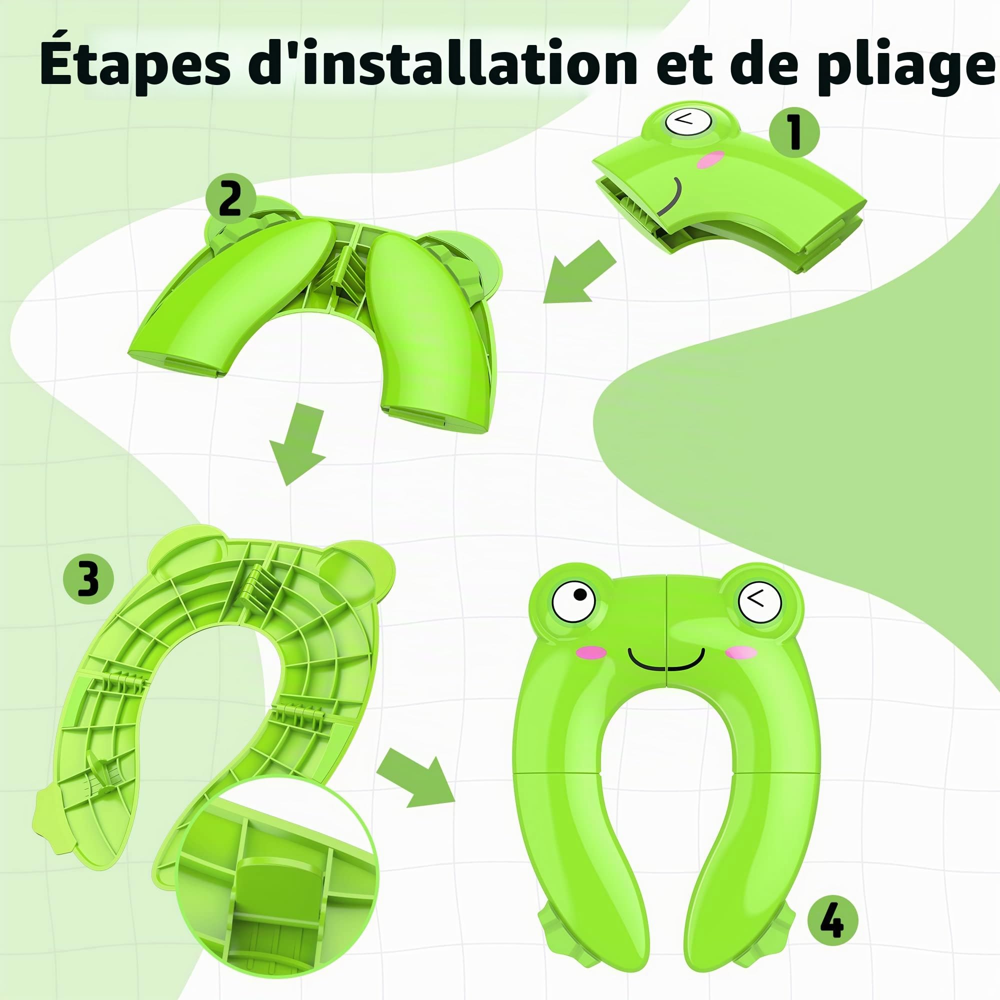 Maliton Reducteur Toilette Enfant,Reducteur Toilette Enfant Pliable,Peut êTre RéUtilisé Rehausseur Toilette Enfant,Formation AntidéRapante, Livré Avec Sac De Rangement -grenouille verte
