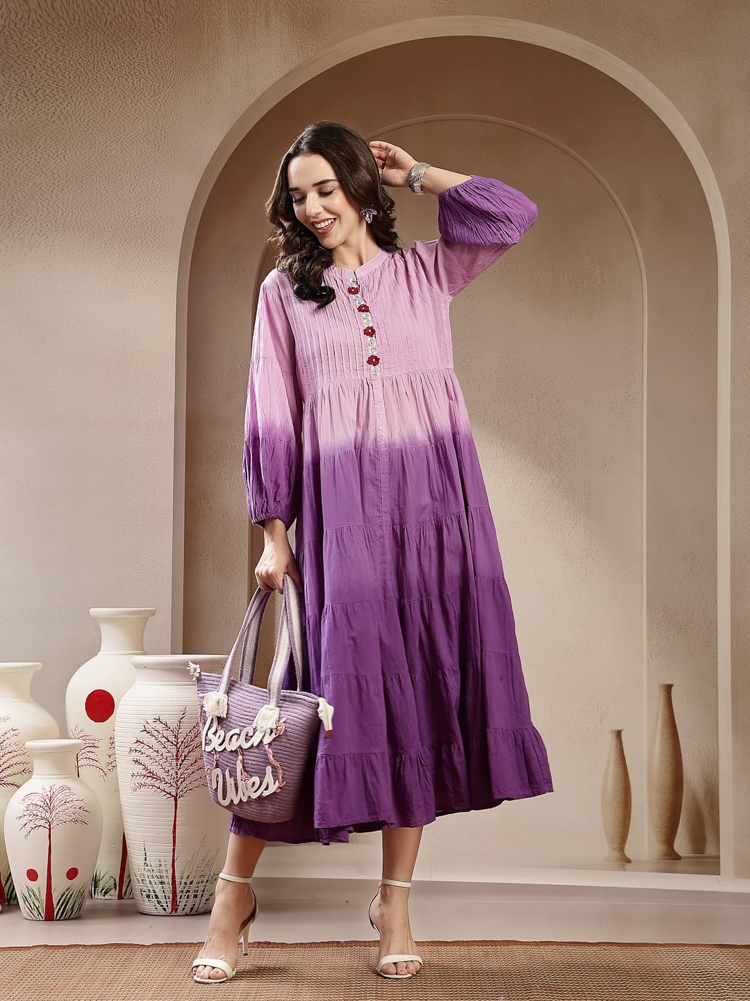 Stylum Abito a balze in cotone a doppia tonalità viola da donna
