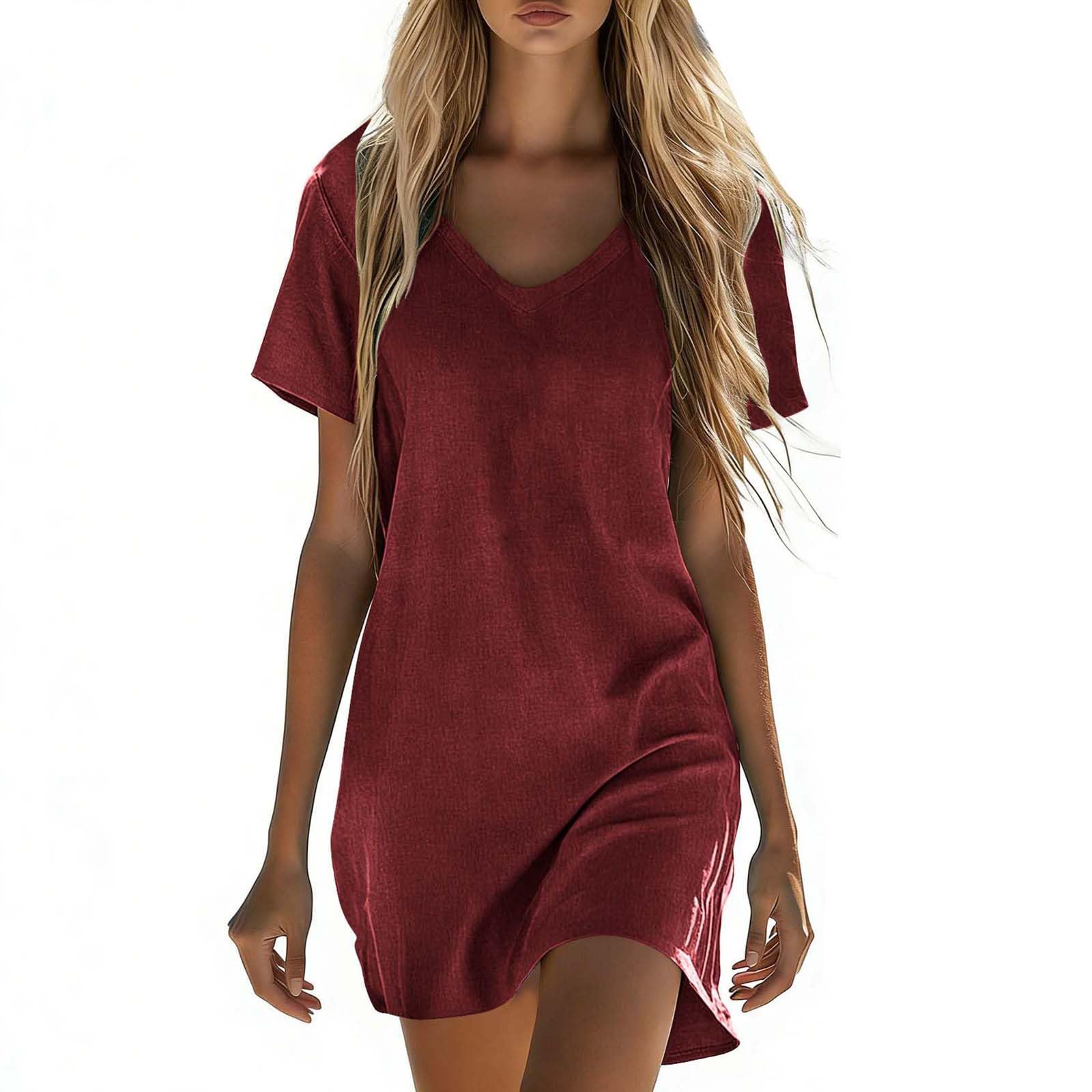RLEHJN Sommerkleid Damen Midi,Baumwolle Leinen Kleid Kurzarm Saum Taille Freizeitkleid V-Ausschnitt Sommerkleid Damen Leicht und Luftig Casual Strandkleid Einfarbig Midikleid Tshirt Kleid S-5XL