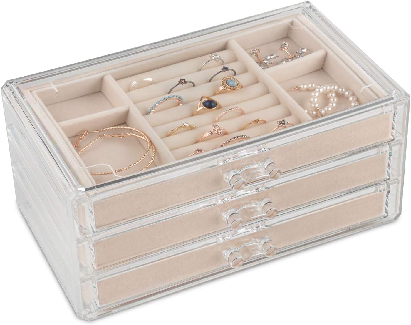 Acrylic Jewelry Organizer Box Women – 3 Drawers Clear Storage Case for Girls – Bracelet, Necklace & Ring Holder with Velvet Lining by Simple Goods