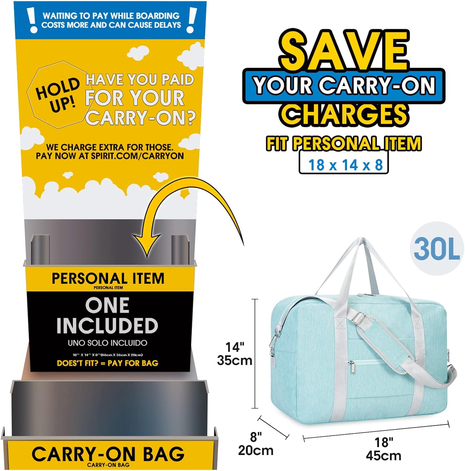 For Spirit Airlines Personal Item Bag 18x14x8 Foldable Travel Duffel Bag Underseat Carry on Luggage for Women (Mint Green) - Image 2