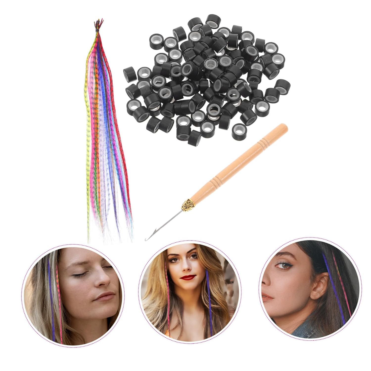 OUNONA Feathered Hair Extensions Kit for Vibrant Strips with Micro Hair Beads Crochet Hooks Heat Resistant Synthetic Hair Accessories for Festivals Parties