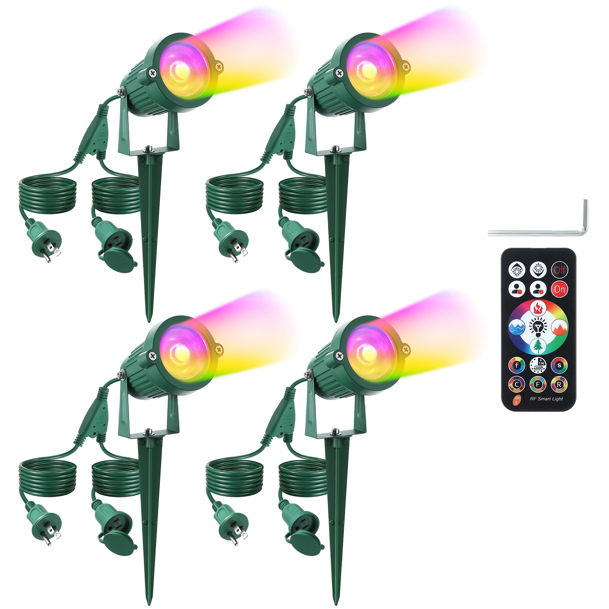 Enhon 4 Pack RGB Spotlight Outdoor for Christmas, Waterproof LED Landscape Lighting with Timer and Stackable Power Extension Cord, Remote Control Color Changing Spotlights, Stake Light for Yard Lawn