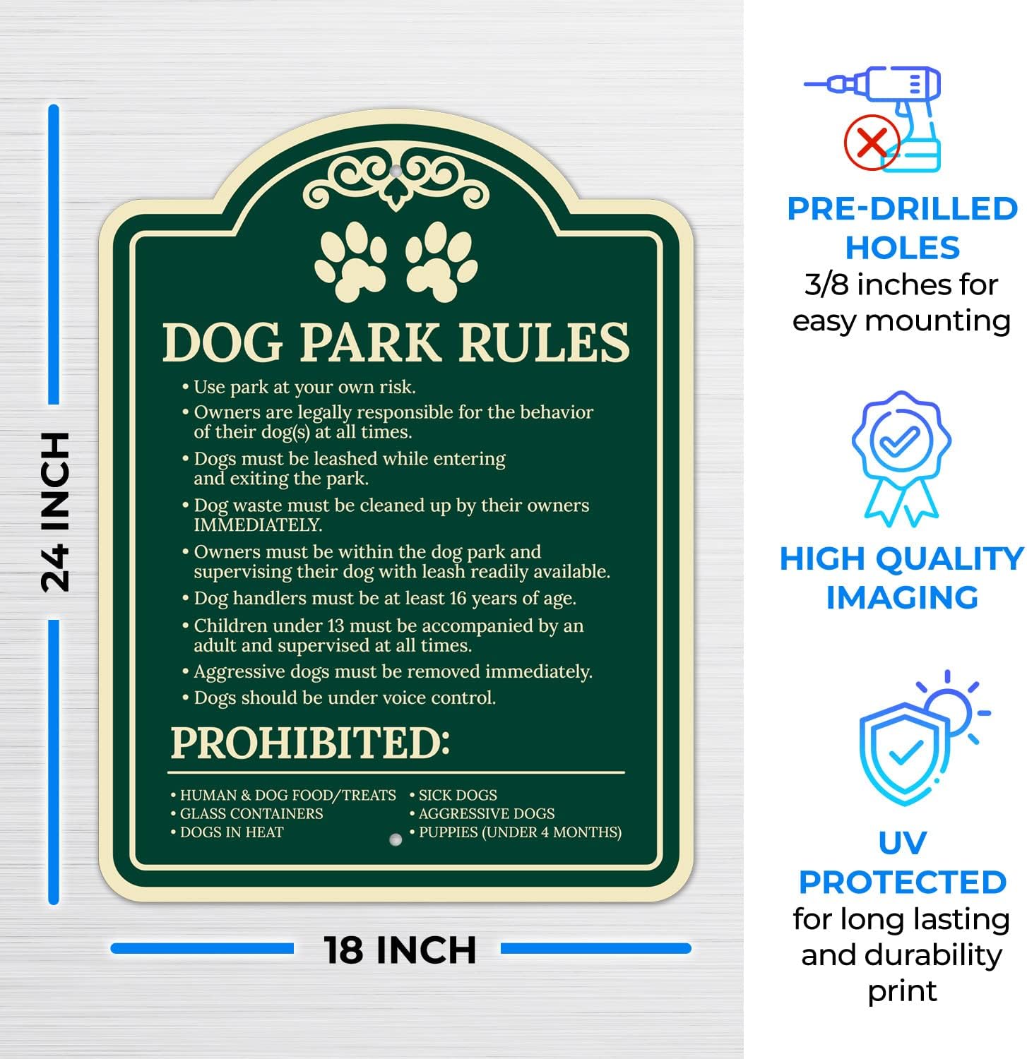 Use Park at Own Risk Dogs Must Be Leashed Waste Must Be Cleared Décor Sign, Green Dark, 18x24 Inches, ACM, Fade Resistant, Made in USA