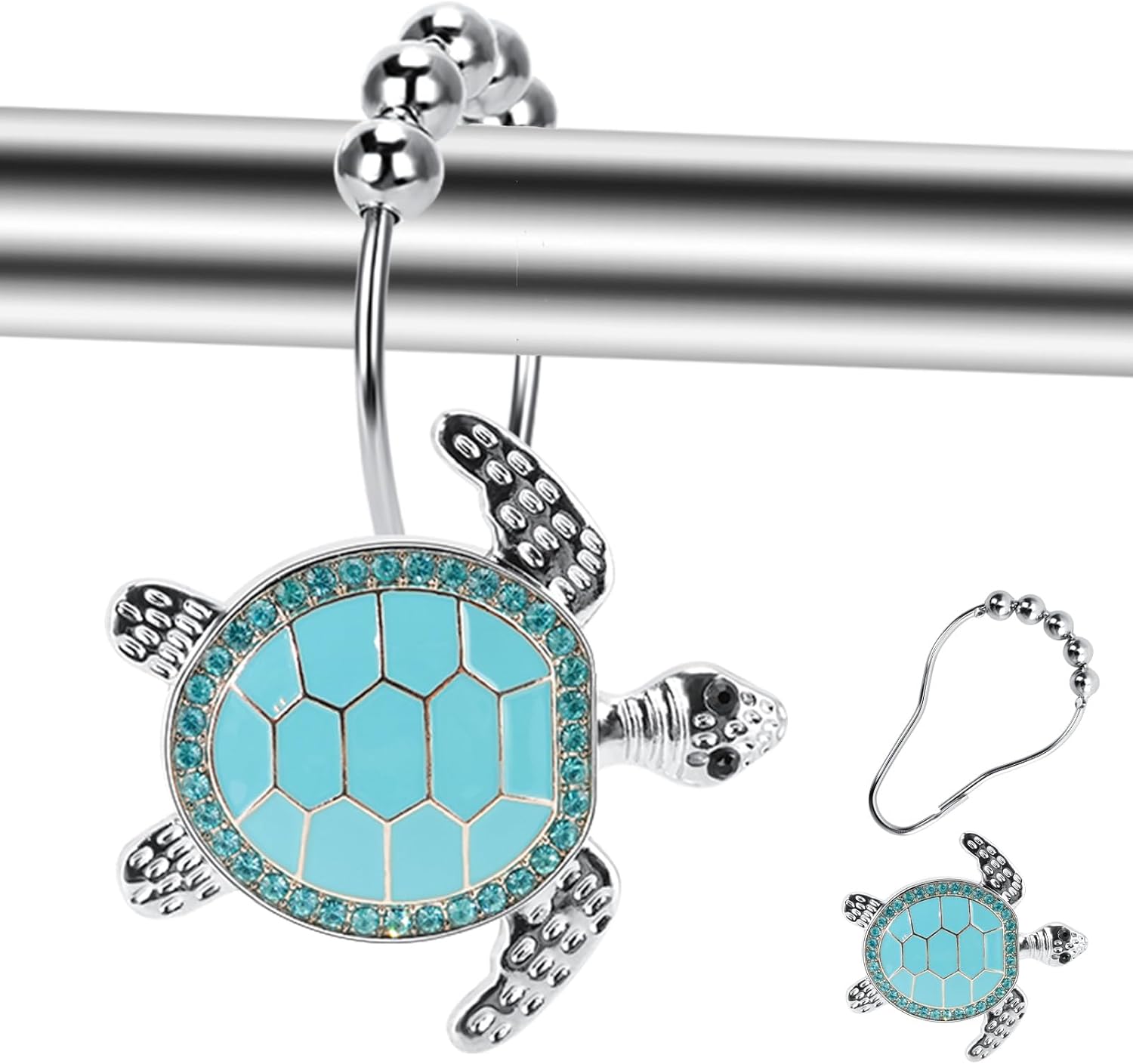 Blue Sea Turtle Decorative Shower Curtain Hooks and Rings Set,12 Pieces,Roller Ball, Stainless Steel,Cute Ocean Animal Decor, Beach Shower Hooks,Rustproof,for Home Living & Bathroom Decor