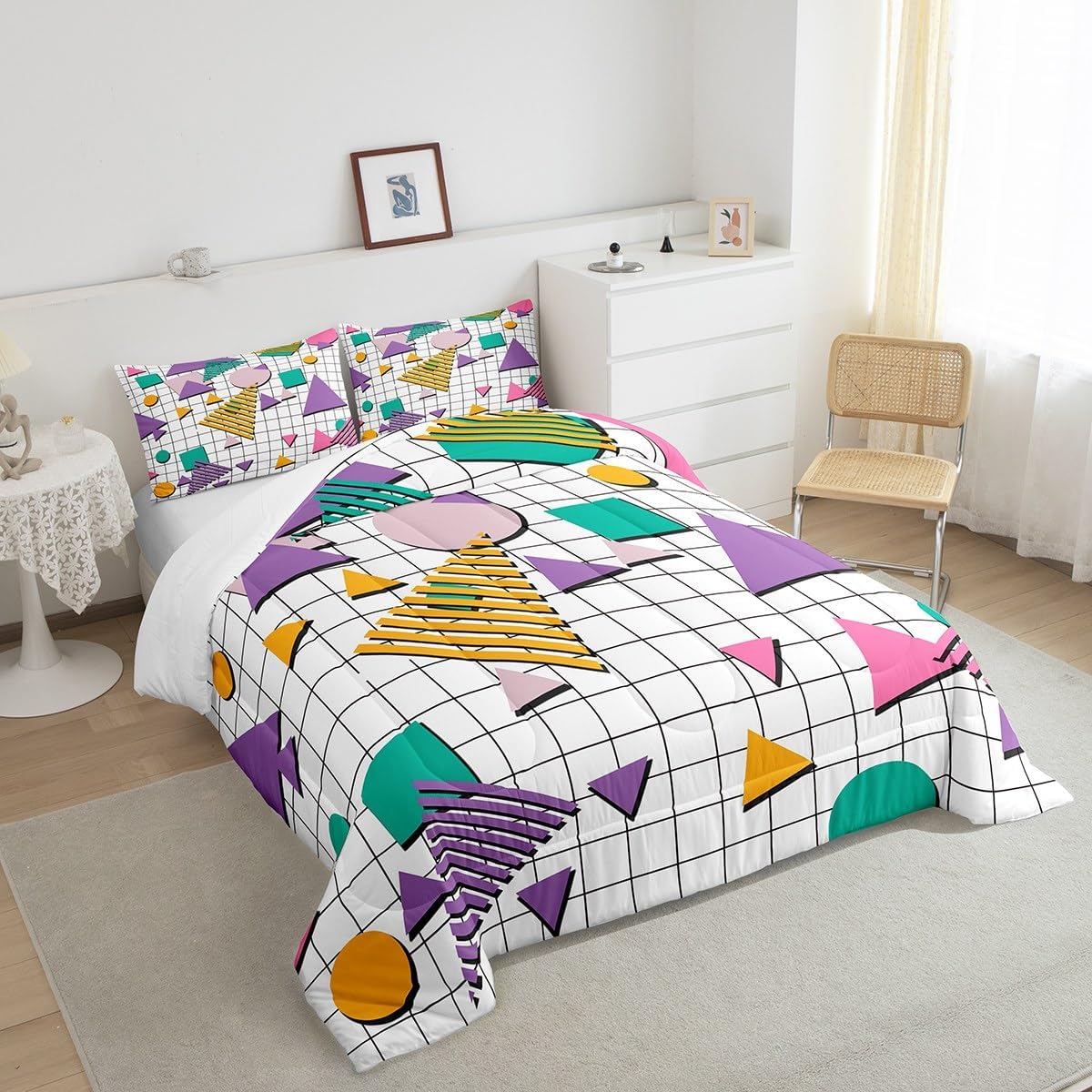 jejeloiu 80s 90s Memphis Comforter Set Queen Size Memphis Geometric Comforter for Kids Teens Adults Grid Retro Fashion Bedding Set Purple Abstract Duvet Set with 2 Pillow Case Boys