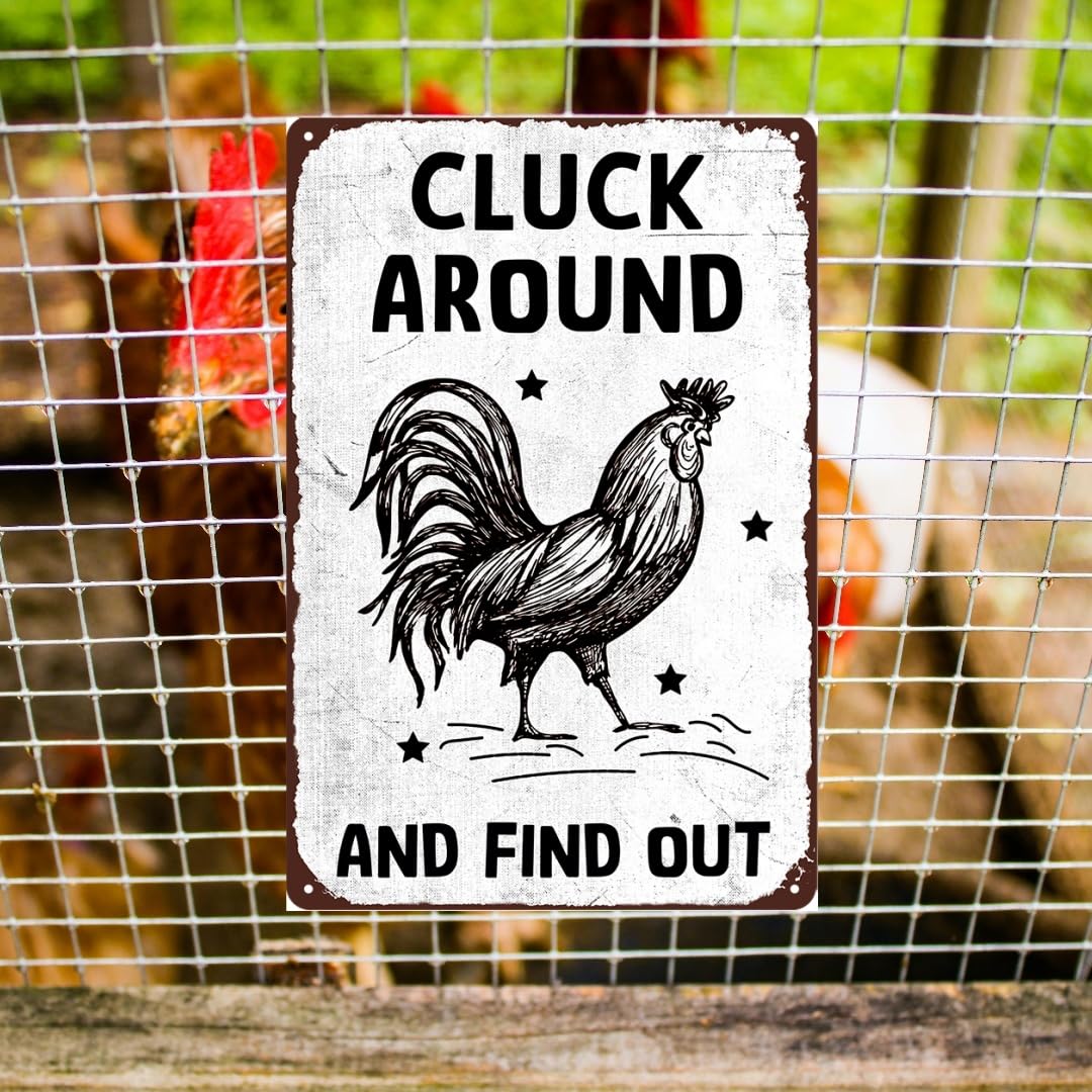 SMAZDFXX Chicken Coop Sign Farmhouse Decor Chicken Coop Accessories Funny Chicken Coop Signs Cluck Sign Around And FindTin Sign For Home Farmhouse Chicken Coop Garden Decor 12"x16"
