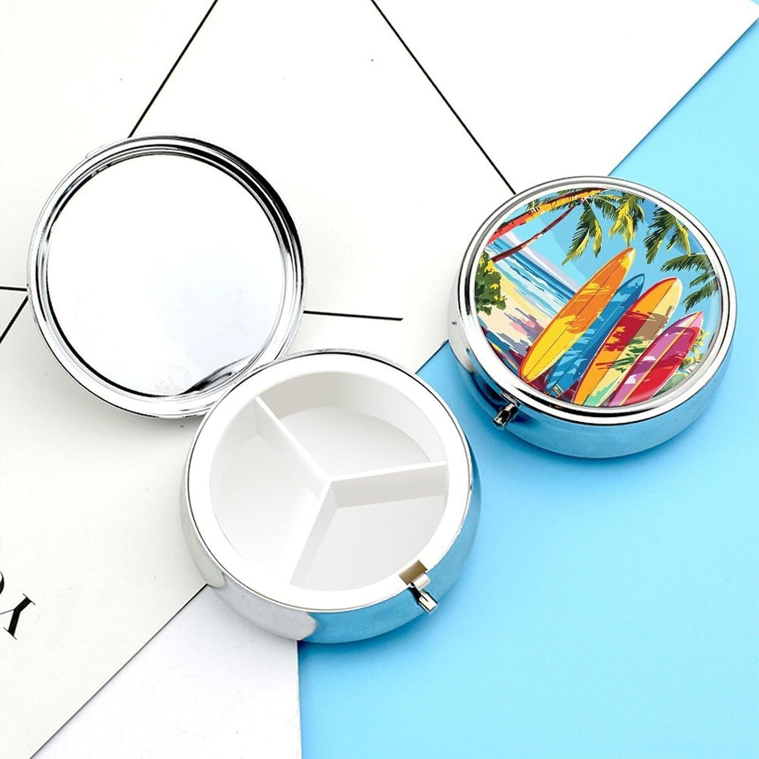 Beach Surfboard Round Pill Box with 3 Compartments & Mirror image 3